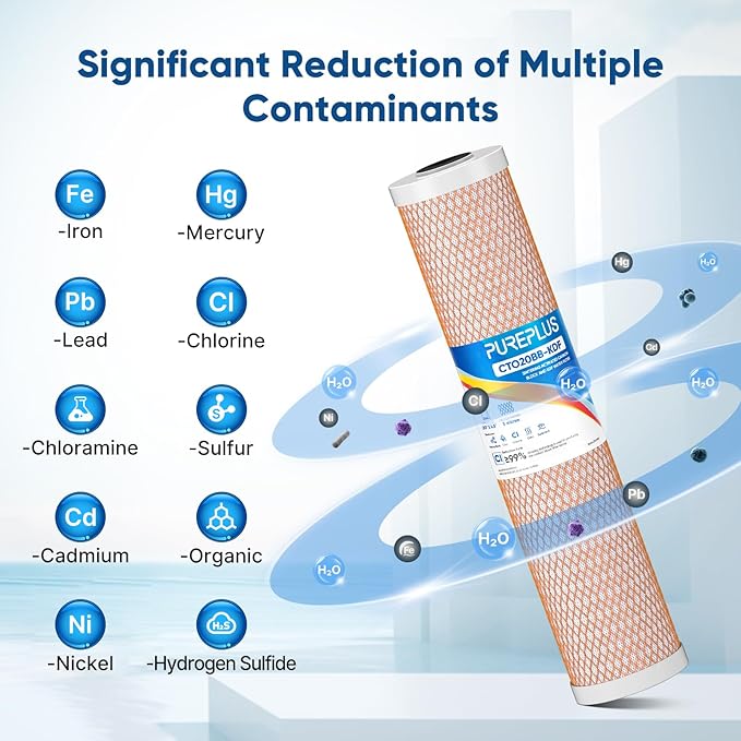 PUREPLUS 5 Micron 20" x 4.5" Whole House Coconut Shell Activated Carbon and KDF Water Filter, Heavy Metal Removal Replacement Water Filter, CTO20BB-KDF, 2 PACK