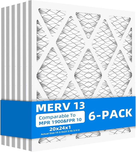 (6 Pack) 20x24x1 Furnace Air Filters, MPR 1900 & FPR 10, MERV 13 Pleated Air Filter (Actual Size: 19.75" x 23.75" x 0.75")
