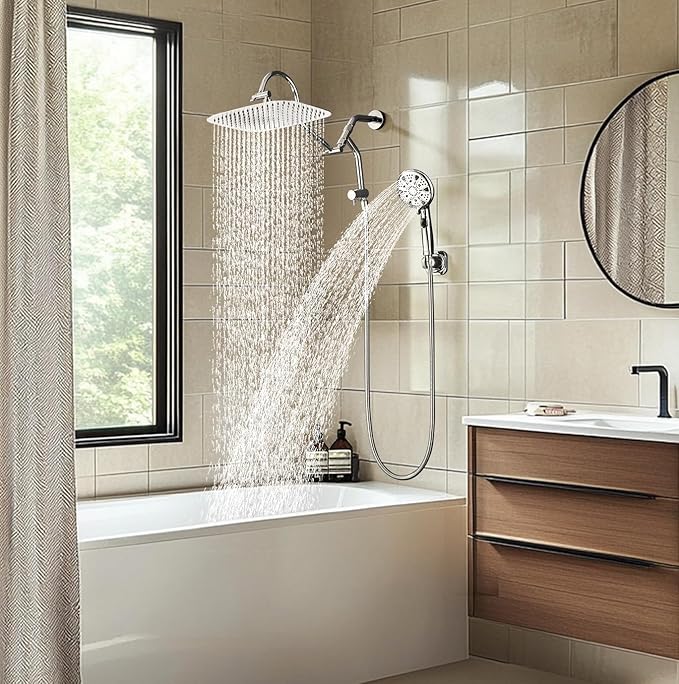 G-Promise 14 Inches Shower Heads with Massage Mode Handheld Sprayer Combo, 3 Way Metal Extended Diverter and Metal Adjustable Extension Arm, Stainless Steel Hose