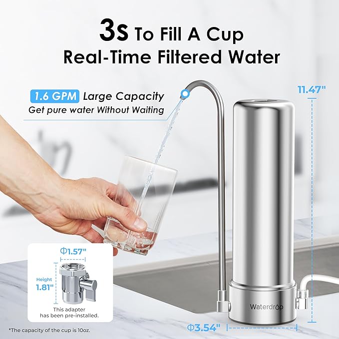 Waterdrop Water Filter for Sink Faucet, NSF/ANSI 42 Certified Countertop Water Filter System, 5-Stage Stainless Steel Faucet, 8000 Gallons, Reduces Heavy Metals and 99% Chlorine, WD-CTF-01(1 Filter)
