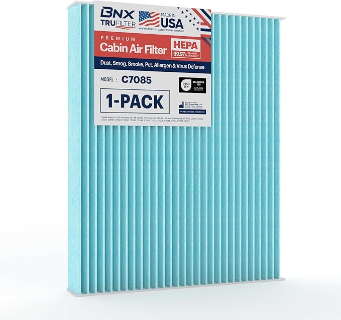 BNX TruFilter C7085 Cabin Air Filter, HEPA 99.97%, MADE IN USA, Compatible With Hyundai: Accent, Elantra, Elantra GT; Kia: Forte, Rio