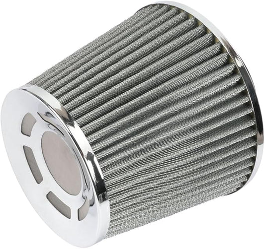 muge racing 3-inch Cold Air Intake Filter 76mm, High Performance Clamp-On Engine Intake Air Filter, Washable Reusable & Universal Round Tapered Replacement Air Filter, Silver