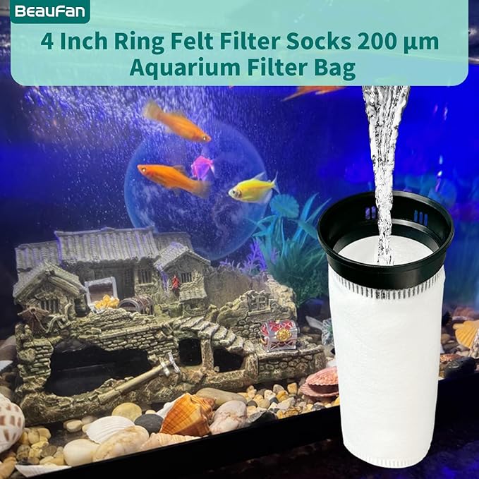 2 Pack 4 Inch Ring Felt Filter Socks 200 μm Compatible with Waterbox Marine X 60.2, 90.3, and 110.4, 2 Pack Black Plastic Aquarium Felt Filter Bags, 4 Inch Diameter by 10.8 Inch Long