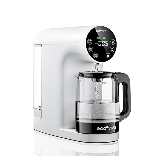 Ecoviva Countertop Reverse Osmosis Water Filter, 6 Stage RO Water Filtration System with Glass Carafe, TDS Displayr, 3:1 Pure to Drain, Portable No Installation Water Purifier White