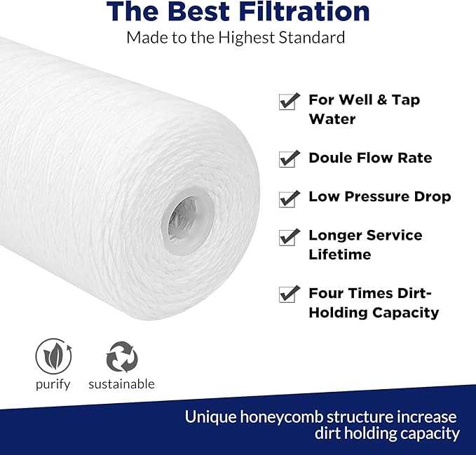 Membrane Solutions 5 Micron 10"x4.5" String Wound Whole House Water Filter Replacement Cartridge Universal Sediment Filters for Well Water - 3 Pack