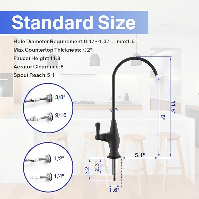 Drinking Water Faucet for Kitchen Sink, Reverse Osmosis Water Filtration Faucet for Bar Sink, Matte Black and Stainless Steel, B10
