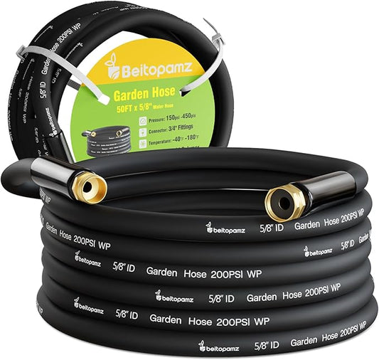 Garden Hose 50 ft x 5/8 in Heavy Duty Water Hose, Flexible and Durable, Lightweight Rubber Hybrid Hose, Leak-Free Connections, Male to Female Fittings, BT50B, Black