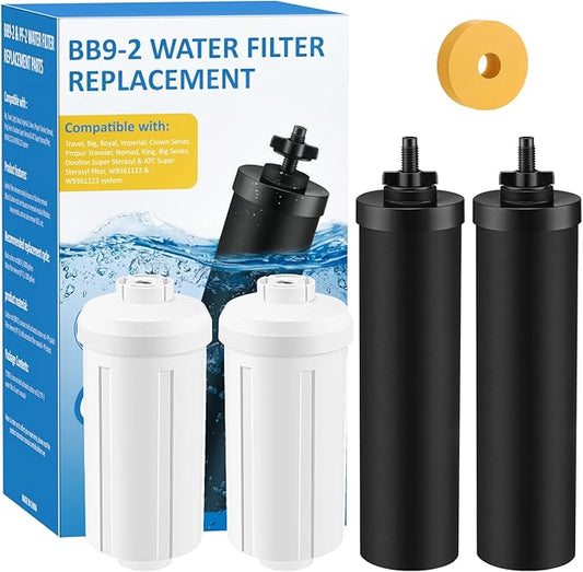 Water Filter Replacement Compatible with Berkey, BB9-2 Filters & PF-2 Fluoride Filters Compatible with Berkey Big, Light, Imperial, Travel, Crown, Royal Series (4 pack)