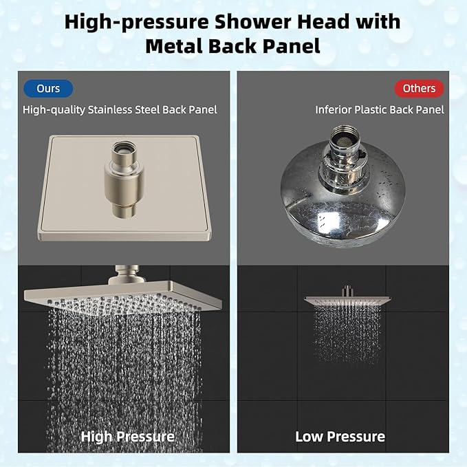 Hibbent Thickness Metal Rain Shower Head, 6'' High Pressure Rainfall Shower Head, Square Bathroom Waterfall Shower Heads, High Flow Fixed Showerheads with Adjustable Brass Ball Joint, Brushed Nickel