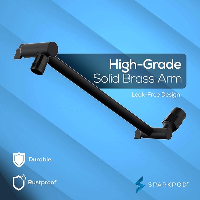 SparkPod Square Rain Shower Head with Extension Arm - Height Adjustable Shower Head with High Pressure Performance - Easy 1-Minute Installation (11" Arm Extension, Midnight Black Matte)