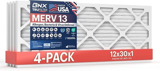 BNX TruFilter 12x30x1 Air Filter MERV 13 (4-Pack) - MADE IN USA - Electrostatic Pleated Air Conditioner HVAC AC Furnace Filters for Allergies, Pollen, Mold, Bacteria, Smoke, Allergen, MPR 1900 FPR 10