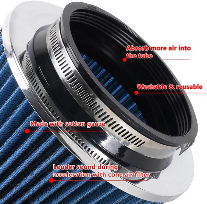 4-Inch Cold Air Intake Filter - Washable, High Performance, 3" or 3-1/2" or 4" Clamp-On Replacement Air Filter Blue