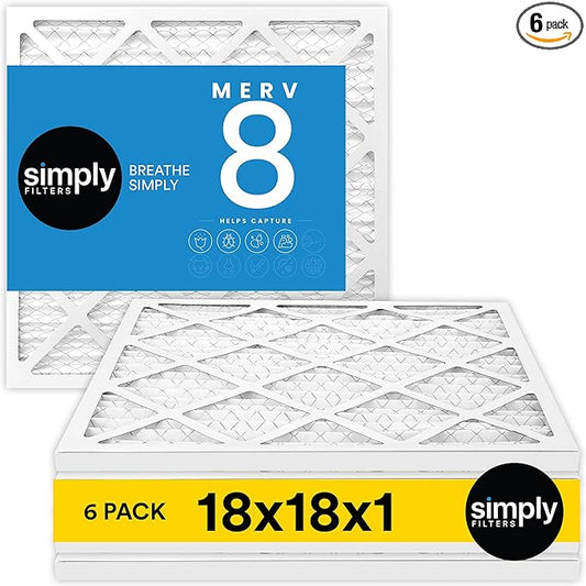 Simply 18x18x1 Air Filter, Merv 8, MPR 600, 6 Pack, For Home AC Furnace & HVAC (Actual Size: 17.75"x17.75"x0.75") DUST, Pet, & Allergy Control