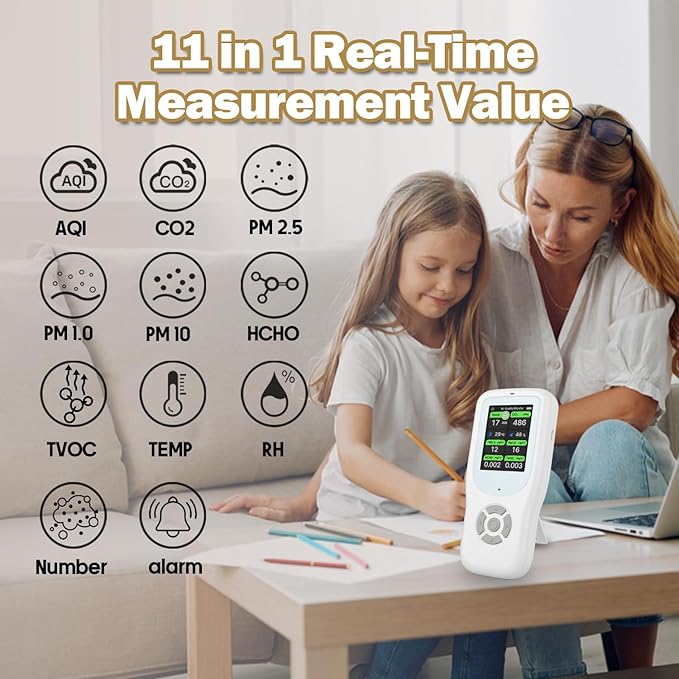 11-in-1 Air Quality Monitor - Portable Indoor Air Quality Detector with Stand, Real-Time Test for AQI, CO2, PM2.5, PM1.0, PM10, TVOC, HCHO, Particles, Temperature & Humidity with Aler (White-Black)
