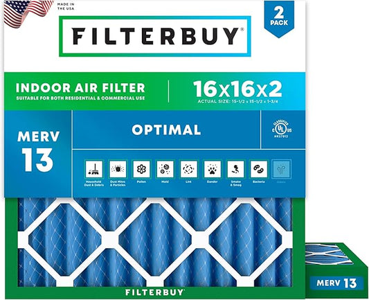 Filterbuy 16x16x2 Air Filter MERV 13 (MPR 1900) Health Defense Replacement (2-Pack), Electrostatic Pleated HVAC AC Furnace Filters, Made in USA (Actual Size: 15.50 x 15.50 x 1.75)