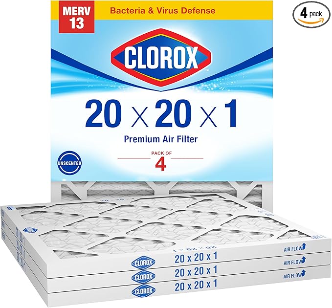 Clorox 20x20x1 Air Filter, MERV 13 Pleated HVAC AC Furnace Air Filters, MPR 1500 & FPR 10 – Pack of 4