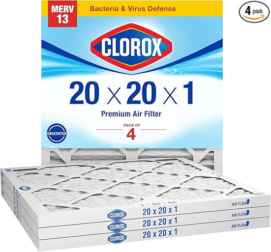 Clorox 20x20x1 Air Filter, MERV 13 Pleated HVAC AC Furnace Air Filters, MPR 1500 & FPR 10 – Pack of 4