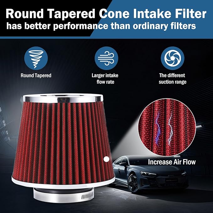 Cold Air Intake Filter,Universal Clamp-On Air Intake Filter, High Performance, Washable Filter, Replacement Air Filter, Flange Diameter 3inch/76mm (Red)