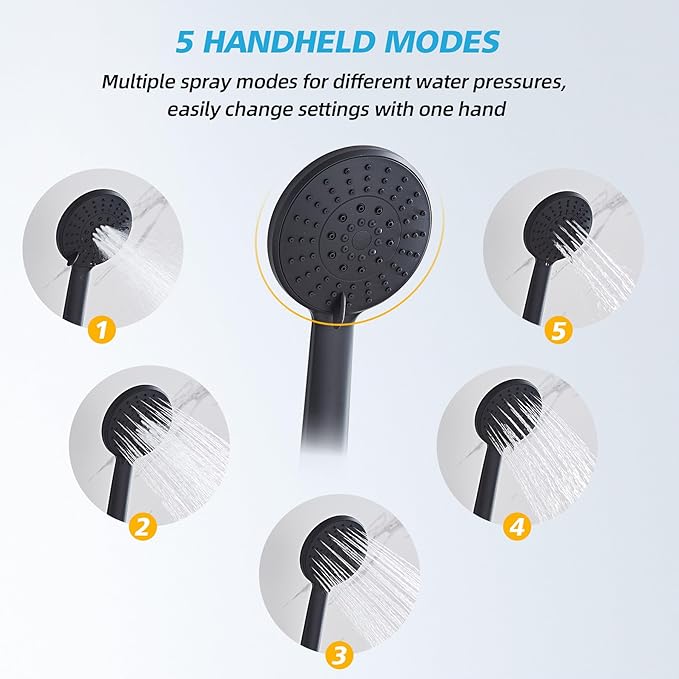 Shower Head Combo Matte Black and Rose Gold, 8 Inch Rain Shower Head with Handheld 5 Spray Modes High Pressure Rainfall Shower Heads System, 15 Inch Shower Adjustable Extension Arm
