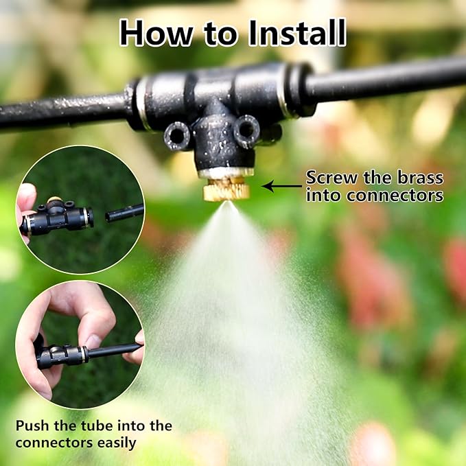 12 Pack Brass Misting Nozzles Outdoor Cooling System with 12 Heavy Duty Misting Nozzle,12 Tees,2 Brass Plugs,2 Black Plugs for Outdoor Cooling system