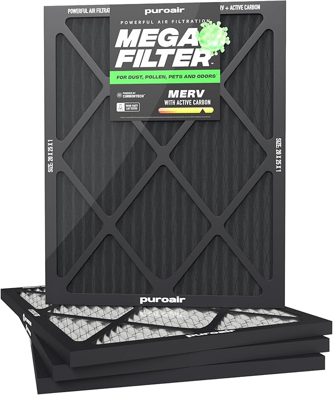 PuroAir Mega Filter - MERV 13 20x25x1 Air Filters For Home With Activated Carbon - Filters Allergens, Pet Dander, Smoke, Dust - Furnace and AC Filters - Air Filters 20x25x1 MERV 13 (4 Pack)