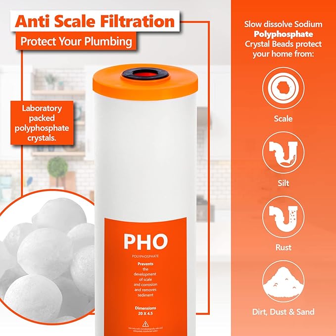 Express Water Whole House Anti Scale Filter Set – 3 Stage Filtration Water Conditioner Replacement Kit – Sediment, Carbon Block, Polyphosphate High Capacity Cartridge – 5 Micron – 4.5” x 20” inch