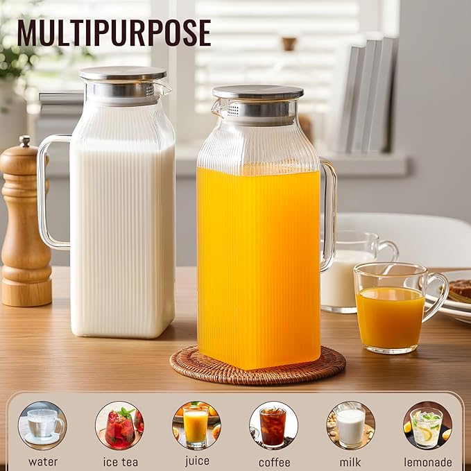 2 Pack 2 Liter/68 oz Square Glass Pitcher with Lid, Classic Stripes Water Pitchers with Handle for Fridge, Large Jug for Iced Tea, Coffee, Borosilicate Glass Carafe for Hot/Cold Brew Drink, Silver