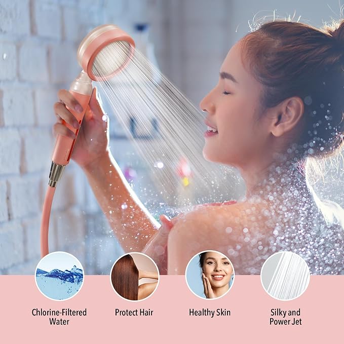 Barumi Pluo Handheld Filtered Shower Head - Pink | Vitamin C Filter for Healthy Skin & Hair | High Pressure Soft Spray | Dual Filtration Removes Chlorine & Impurities | Gentle Shower for Pets