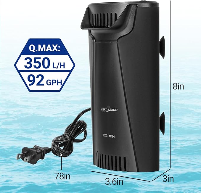 REPTIZOO Turtle Tank Filter Aquarium Corner Internal Filter, 92GPH Low Water Level Aquarium Filter with 3-Stage Bio-Filtration, Flow Adjustable Quiet Internal Filter for Turtle/Fish Tank