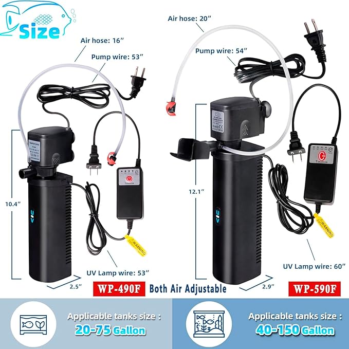 Aquarium U-V Filter 290GPH w/ Scientific Timer for 40-150 Gallon Fish Turtle Tank Internal Filter Bio Sponge Submersible Power Pump w/ Aeration Deodorization Saltwater Freshwater Green Clean Machine