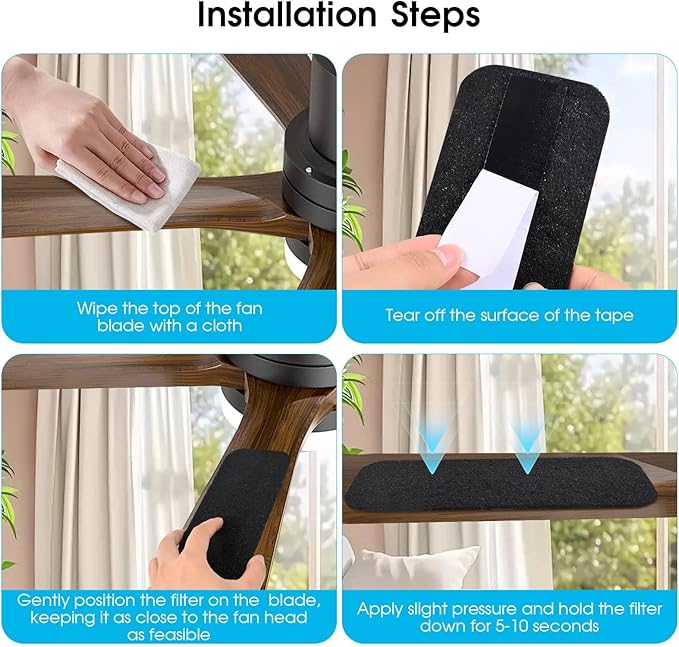 10-Pack Ceiling Fan Filters for Blades – Activated Coconut Shell Carbon Ceiling Fan Blade Filters, Odor, and Pet Dander – Universal Fit Stick-On Fan Filter Pads for Cleaner Indoor Air, Unscented