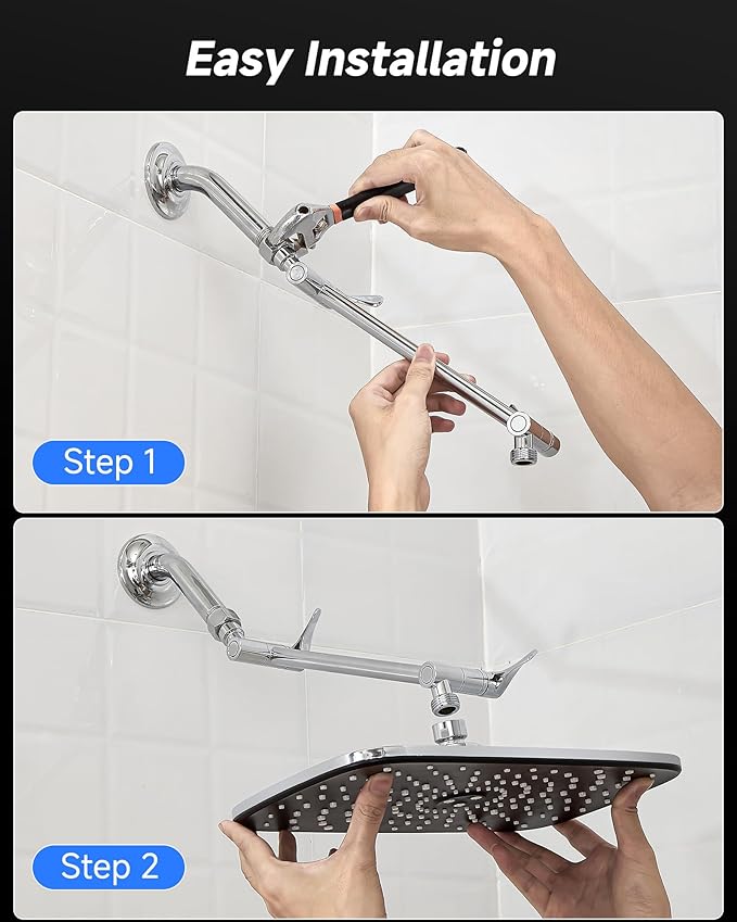 Veken 11.8" Rain Shower Head, Rectangular Rainfall Showerhead with 11" Stainless Steel Exension Arm, Height & Angle Decor Adjustable, High Pressure Showheads, Bathroom Accessories, 2.5GPM Chrome