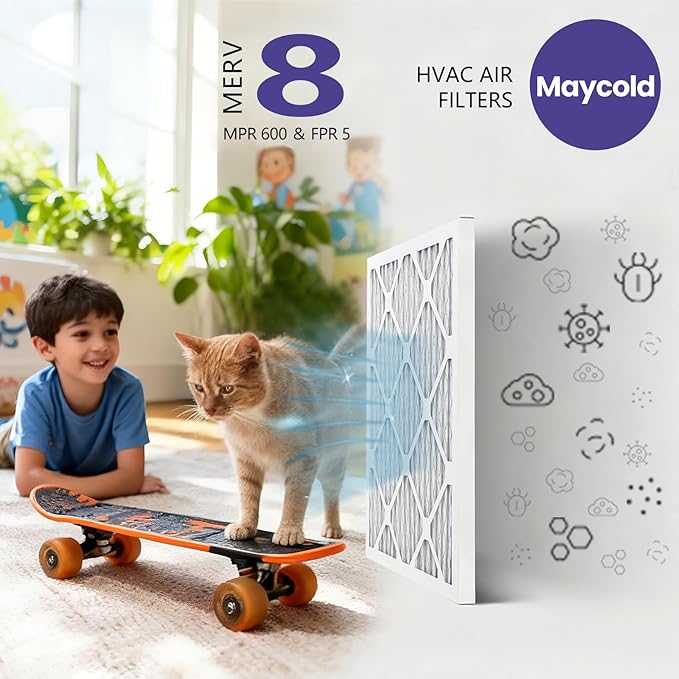 Maycold MERV 8 14x24x1 Furnace Air Filters (6-Pack), Pleated HVAC AC Filters – Actual Size 13.70” x 23.70” x 0.75”, For Residential or Office Use, Individually Wrapped in Plastic