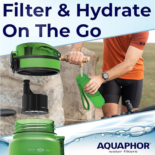 Nakii Filtered Water Bottle, Leakproof, BPA-Free, Motivational Markings, Travel, Everyday Use. 40-Gallon Filter, Replaces 300 Plastic Water Bottles. Includes 1 Filter, 22 FL Oz, Green by Aquaphor