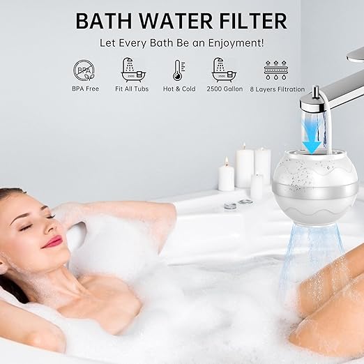 Bath Filter for Tub Faucet - 8 Stages Bath Water Filter, Hard Water Softener, Remove contaminants, lmproved Skin, Hair, and Nail Condition, It's BPA-Free (White)