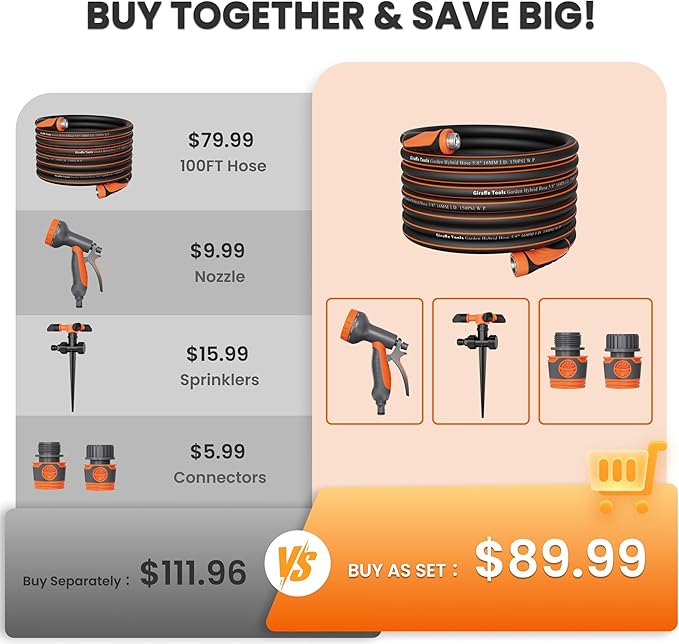 Giraffe Tools Garden Hose 100ft x 5/8", Water Hose Heavy Duty with 10-Pattern Nozzle, Ground Sprinkle, Flexible, Lightweight Hybrid Hose with Swivel Handle, Male to Female Fittings, Burst 600 PSI