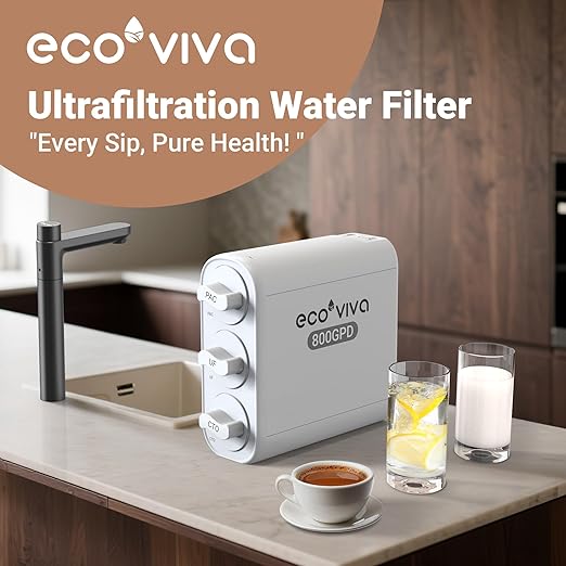 Ecoviva 0.01μm Ultra-Filtration Under Sink Water Filter System, 800G Tankless Water Filtration System, No Electricity & Zero Waste, Filters Heavy Metals, Includes Faucet, No Drilling Required(NOT RO)