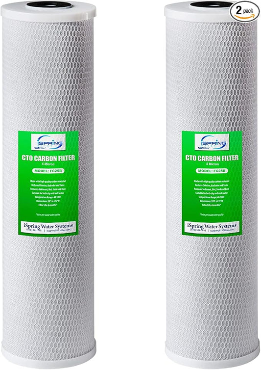 iSpring FC25BX2 High Capacity 20” x 4.5” Water Filter Replacement Cartridges - CTO Carbon Block - Fits Standard 20” x 4.5” Whole House Water Filter Systems - Reducing up to 99% Chlorine - Pack of 2