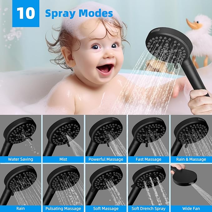 Hibbent Upgraded 5-spray 13'' Shower Head, High Pressure Rainfall Shower Head, Dual Showerhead Combo with 10-mode Handheld Spray, 12'' Adjustable Extension Arm, 71'' Hose, Shower Holder, Matte Black