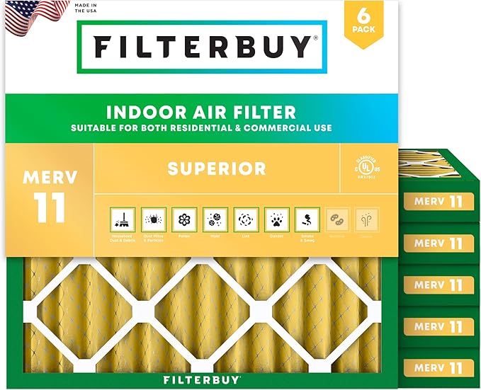 Filterbuy 25x25x2 Air Filter MERV 11 (MPR 1200) Allergen Defense Replacement (6-Pack), Electrostatic Pleated HVAC AC Furnace Filters, Made in USA (Actual Size: 24.50 x 24.50 x 1.75)