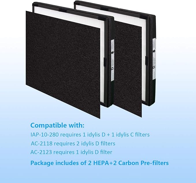 IAF-H-100D H13 True HEPA Replacement Idylis D Filter, Compatible with Idylis AC-2118, AC-2123, IAP-10-280 Air Purifier Devices, 2 HEPA Filter & 2Carbon Filter