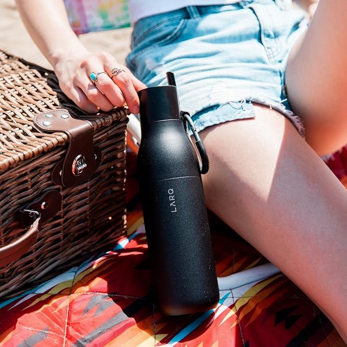 LARQ Flip Top 17 oz Insulated Stainless Steel Water Bottle With Straw | Thermos, BPA Free | Reusable Bottle for Sports, Gym, Travel | Keeps Drinks Cold 24 Hours, Obsidian Black