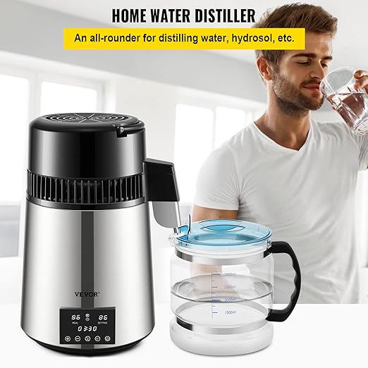 VEVOR Water Distiller, 304 Stainless Steel Countertop Water Stiller, 0.3Gal/H, 0-99H Timing Dual Temp Display, 1.1Gal Distilled Water Maker Machine, Glass Carafe, 3 Carbon Bags, Citric Acid Powder