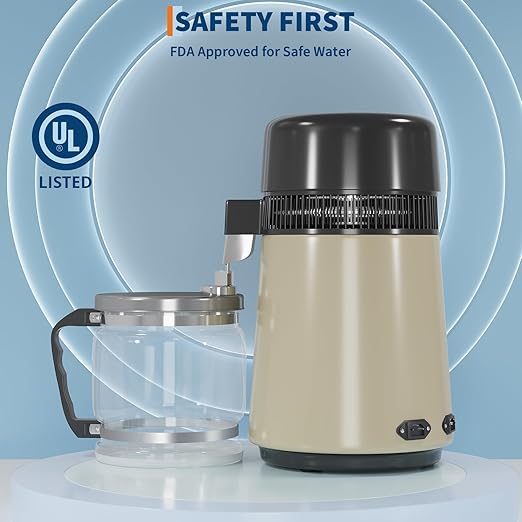 GarveeHome Water Distillers for Home Countertop, 1Gal/4L Stainless Steel Distilled Water Machine with Glass Container, 750W Desktop Drinking Purifier Filter Distilling Kit, Gold