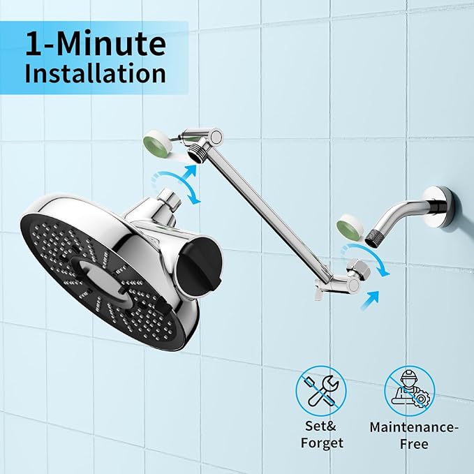 Filtered Shower Head with Extension Arm - EMBATHER 8 Inch High Output Showrhead with 3 Spray Settings, 18 Stage Filter for Hard Water, 11" Adjustable Arm, Brass Swivel Ball Jiont, Chrom