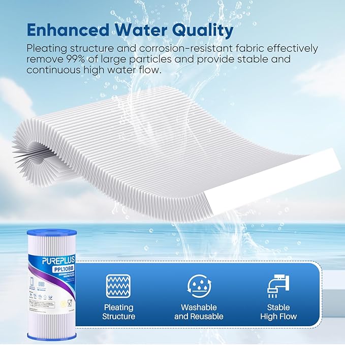PUREPLUS 50 Micron 10" x 4.5" Whole House Pleated Sediment Filter for Well Water, Replacement Cartridge for GE FXHSC, Culligan R50-BBSA, Pentek R50-BB, DuPont WFHDC3001, W50PEHD, GXWH40L, 3Pack