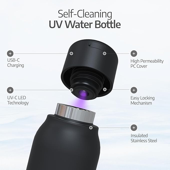 UV self-Cleaning and Water-Purifying Bottle TT-B02-18.6 Ounce Insulated Rechargeable Stainless-Steel Tumbler with Safety Lock Prevents Accidental Exposure Ideal for Outdoor and Emergency use