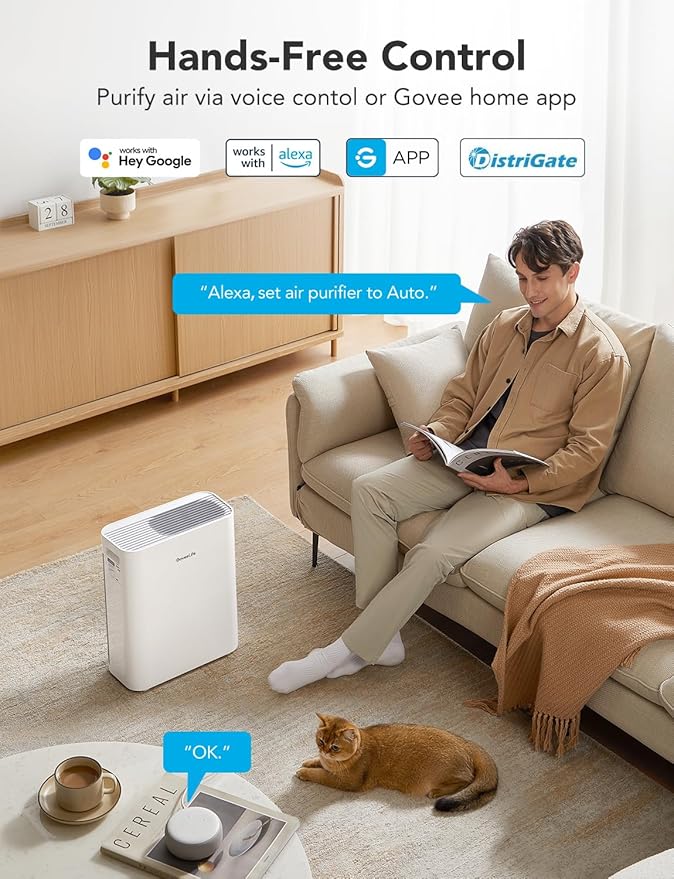 GoveeLife Smart Air Purifiers for Home Large Room, Air Purifiers for Pets with PM2.5 Sensor, Washable Pre-Filter for Pet Hair Lint, 24dB Large Air Purifier with App Control