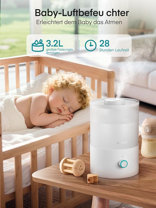 FOHERE Humidifiers for Bedroom, 3.2L Cool Mist Baby Humidifier, 28H Quiet Runtime, Auto Shut-Off, 7-Color Nightlight, Top-Fill, BPA-Free, Essential Oil Diffuser for Home, Room, Nursery, Plants,Office