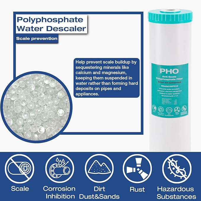 H&G Lifestyles Whole House Water Filter Cartridge, 4.5 x 20 KDF Water Filter, Polyphosphate Water Descaler, PP Cotton Sediment Filter, 3 Stages Water Filtration